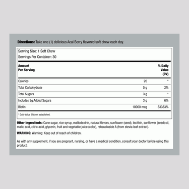 Image showing Supplement Facts panel for NCL Biotin Beauty 30 Soft Chews, detailing nutritional information and ingredients.