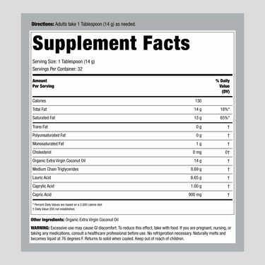Supplement Facts panel for Organic Extra Virgin Coconut Oil 16 fl oz (473 mL) bottle.