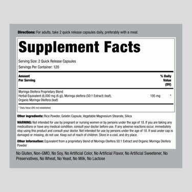 This is a Supplement Facts panel for Moringa Oleifera 6000 mg, 240 Capsules.