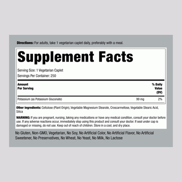 Chelated Potassium (Gluconate), 99 mg, 250 Vegetarian Caplets