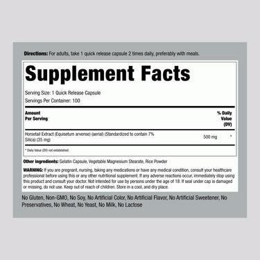 Supplement Facts panel for 500 mg Silica (Horsetail) Capsules, 100 count.