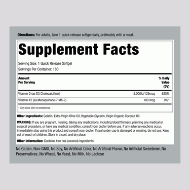 The Supplement Facts panel for K-2 Complex with D, featuring details for 180 softgels.