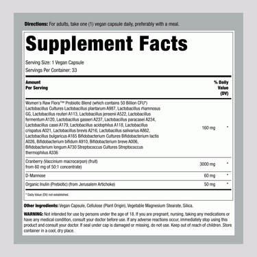 Supplement Facts for Raw Flora 50 Billion Women's Probiotic, 33 Capsules.
