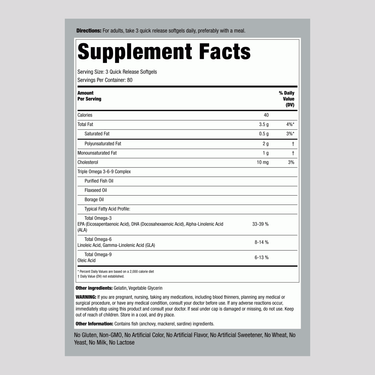 Supplement Facts for Omega 369 Fish, Flax, Borage Softgels on panel.