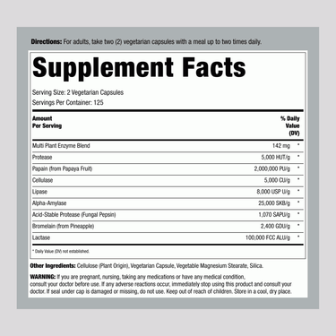 Carlyle Plant Enzymes 250 Veg Caps Supplement Facts panel details.
