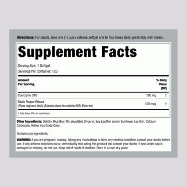 Image displaying Supplement Facts for CoQ10 100 mg, containing 120 softgels.