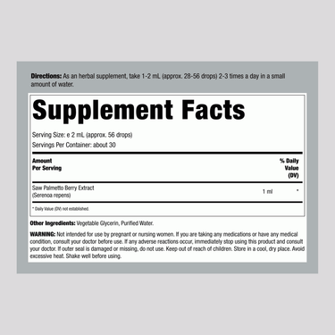 Saw Palmetto Berry Liquid Extract supplement facts panel in 2 fl oz size.
