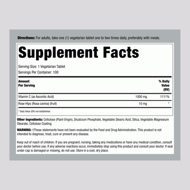 Supplement Facts panel for Vitamin C 1000 mg with Rose Hips, containing 100 tablets.