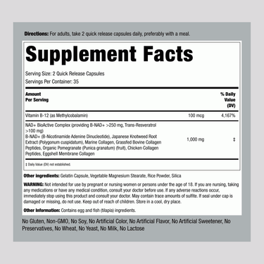 The Supplement Facts panel for NAD Collagen Resveratrol 70 Capsules is shown.