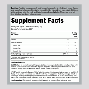 Supplement Facts label for a 2 lb container of Psyllium Husks Powder.