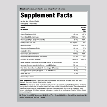 Image showing the Supplement Facts panel for Diabetic Support Formula Tablet with 90 tablets listed.