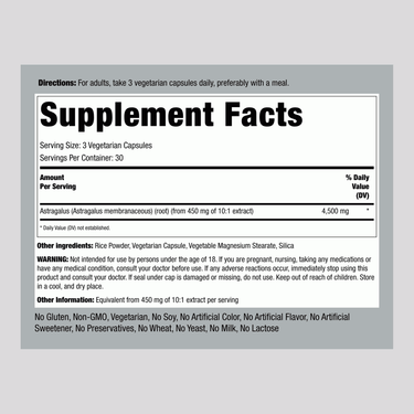 Image showing Supplement Facts: Astragalus capsules, 4500 mg, 90 count.