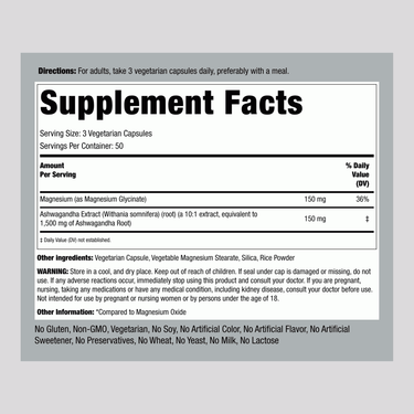 Supplement Facts for Magnesium Glycinate & Ashwagandha 150 Vegetable Capsules.