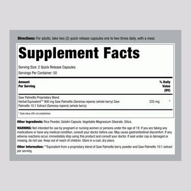 Supplement facts panel for Saw Palmetto Berries, 550 mg, 100 capsules.
