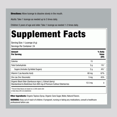 Supplement Facts panel for Nature's Way Sambucus Zinc Lozenges Organic, 24 lozenges, showing nutritional information and ingredients.