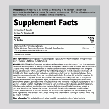 Supplement Facts for Nutrex Lipo 6 Black Ultra Concentrate 60 Capsules.