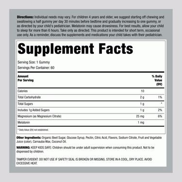 Supplement Facts panel for NV Kids Calm Sleep (Magnesium + Melatonin), Berry flavor, 60 Gummies.