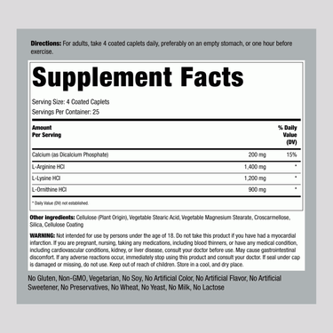 Tri Amino Arginine Ornithine Lysine supplement facts panel displayed clearly on the label.