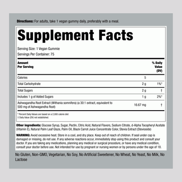 The Supplement Facts panel for Ashwagandha 75 Gummies provides nutritional information and ingredient details.