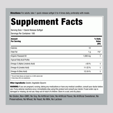 Flaxseed Oil 1000 mg Softgels Supplement Facts panel for 180 count package.