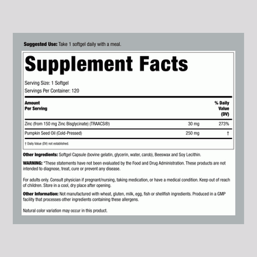 Supplement Facts for Now Foods Zinc Glycinate 30 mg, 120 softgels.
