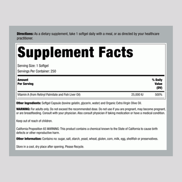 Supplement Facts panel detailing Vitamin A 25,000 IU from Fish Oil Softgels, with a count of 250.