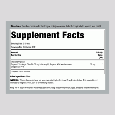 Supplement Facts panel for North Amer Herb Oreganol P73 Original Strength Oil, 1oz bottle.