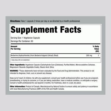 Supplement Facts panel for Natural Factors WellBetX Berberine 500 mg, 60 Capsules.