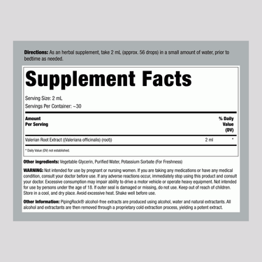 Supplement Facts panel detailing ingredients for Valerian Root Liquid Extract AF, 4 fl oz (118mL).