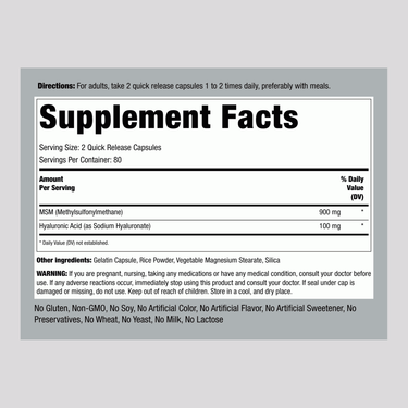 Supplement Facts label for hyaluronic acid with MSM, 160 capsules.