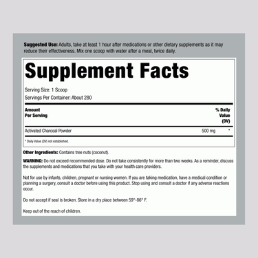 Image shows Supplement Facts panel for Charcoal Powder, 5 oz (141.7 g).