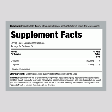 Supplement Facts panel detailing FL Nitric Oxide Max, containing 120 capsules.