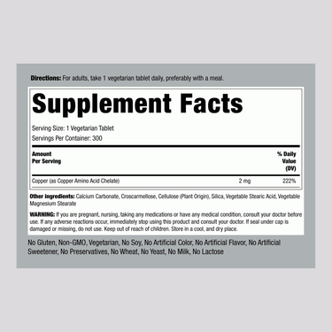 Supplement Facts panel displaying details for Chelated Copper 300 Tablets.