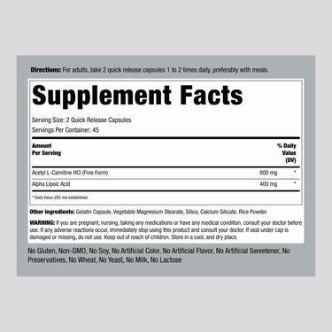 Supplement Facts for Acetyl L-Carnitine & Alpha Lipoic Acid Capsules, 90 count.