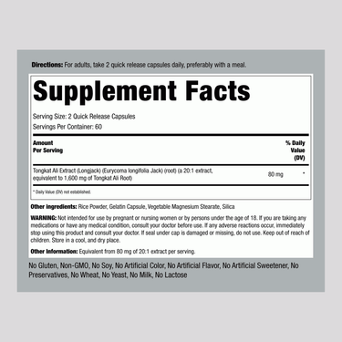 Image of the Supplement Facts panel for Tongkat Ali 1600mg Capsules, featuring details for 120 capsules.
