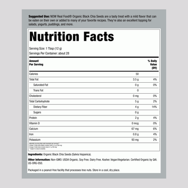 Image showing the Supplement Facts panel for Now Foods Organic Black Chia Seeds, 12 oz.