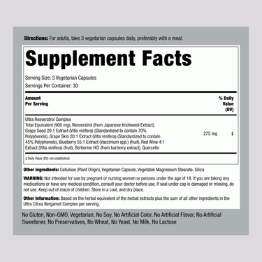 Supplement Facts panel for Resveratrol, Berberine, and Grape Seed Q Complex.
