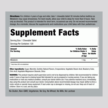 Supplement Facts panel displays details for Kids Melatonin 1 mg, offering 120 tablets.