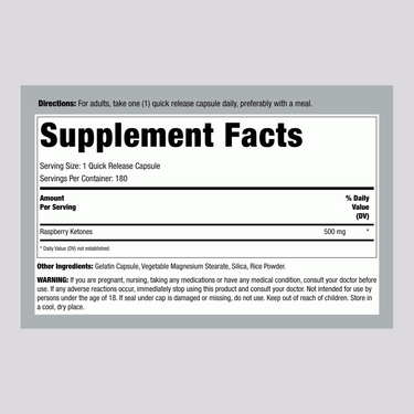 Supplement Facts label for CL Raspberry Ketones 500 mg, 180 capsules.
