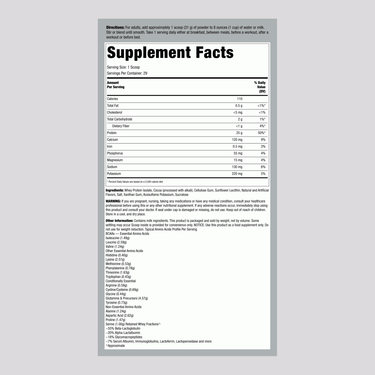 Supplement Facts panel for FL WheyFit Isolate Dutch Chocolate 2 lb.