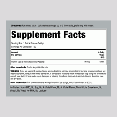 Vitamin E, 200 IU, 100 Quick Release Softgels