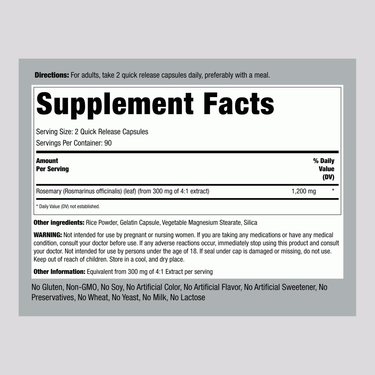Supplement Facts panel for Rosemary capsules containing 1200 mg per serving, with a total of 180 capsules in the bottle.