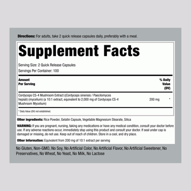 The Supplement Facts panel for Cordyceps Sinensis 2000 mg with 200 capsules.