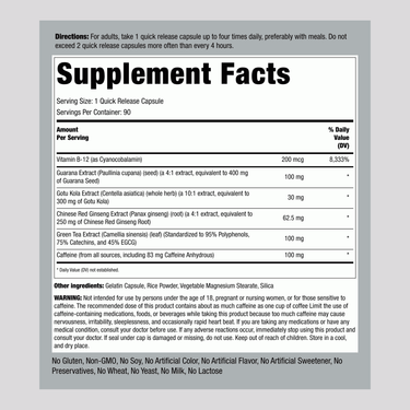 Supplement Facts panel for Ultra Energy Booster Capsules 90, detailing ingredients and nutritional information.
