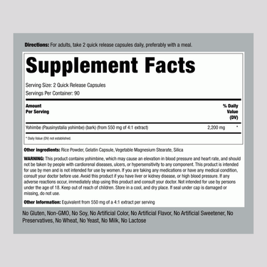 Supplement Facts details for Yohimbe Max 2200 180 Capsules.