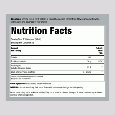 Supplement Facts panel for DynamicBlk Cherry Concentrate 16 oz.