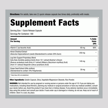 Detailed supplement facts for Carlyle Leg Vein Support 180 Capsules.