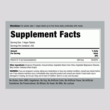 Label for B-12 supplement showing 500 mcg, 250 tablets.