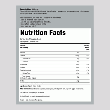 Supplement Facts panel displaying nutrition details for Now Cocoa Powder, 12 oz.