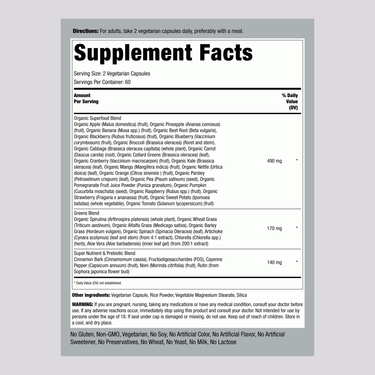 Shows the Supplement Facts panel for Super Fruits and Veggies 120 Capsules.